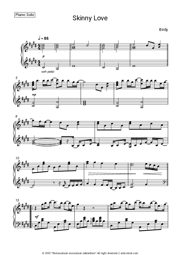 Skinny Love - Birdy Piano Sheet Music - Piano.Solo