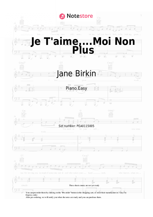 Je T'aime,...Moi Non Plus - Jane Birkin, Serge Gainsbourg Piano Sheet Music Easy - Piano.Easy