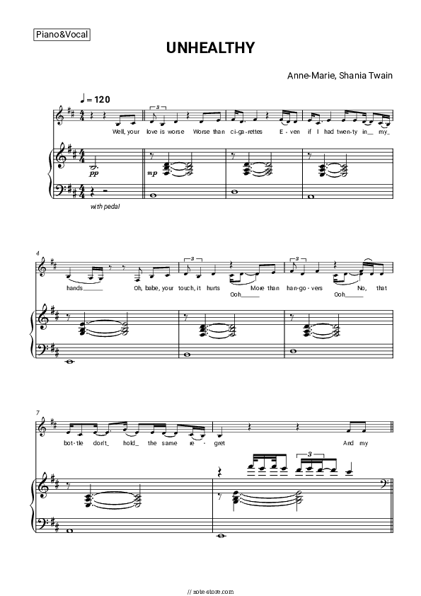 Unhealthy - Anne-Marie, Shania Twain Piano Sheet Music with the Voice part - Piano&Vocal