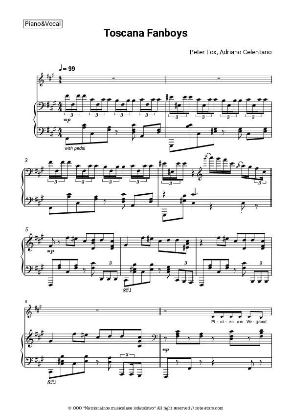 Toscana Fanboys - Peter Fox, Adriano Celentano Piano Sheet Music with the Voice part - Piano&Vocal