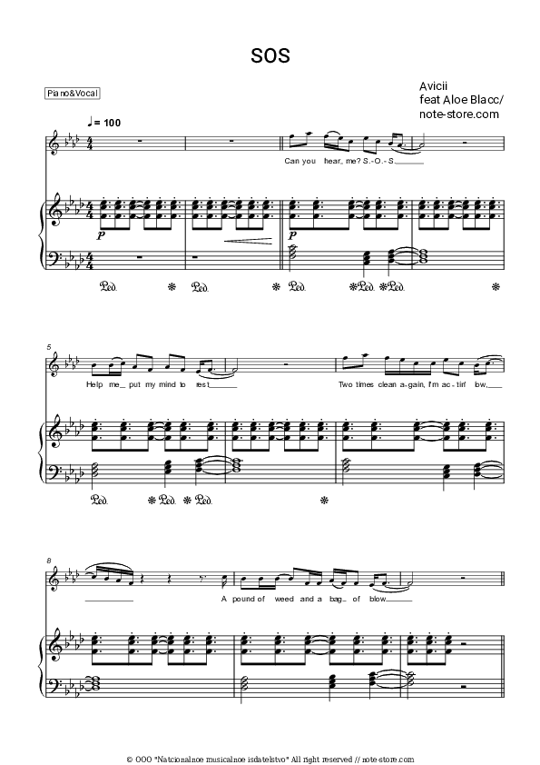 SOS - Avicii, Aloe Blacc Piano Sheet Music with the Voice part - Piano&Vocal