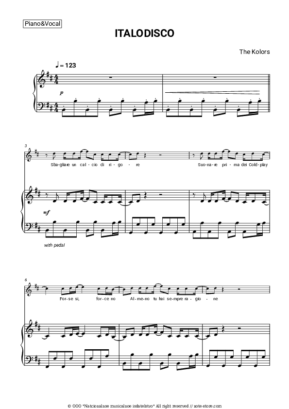 Italodisco - The Kolors Piano Sheet Music with the Voice part - Piano&Vocal