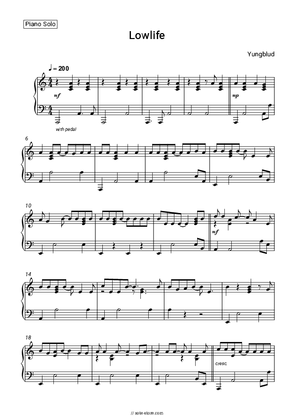 Lowlife - Yungblud Piano Sheet Music - Piano.Solo