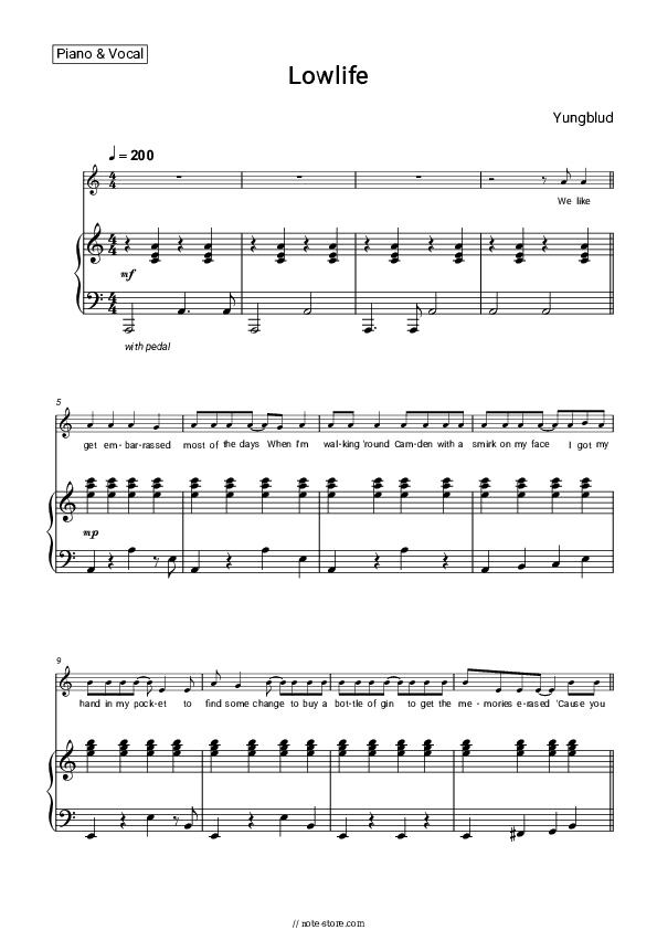 Lowlife - Yungblud Piano Sheet Music with the Voice part - Piano&Vocal