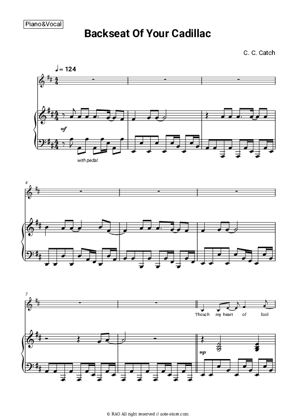 Backseat Of Your Cadillac - C. C. Catch Piano Sheet Music with the Voice part - Piano&Vocal