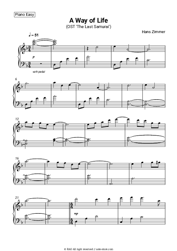 A Way of Life (OST 'The Last Samurai') - Hans Zimmer Piano Sheet Music Easy - Piano.Easy