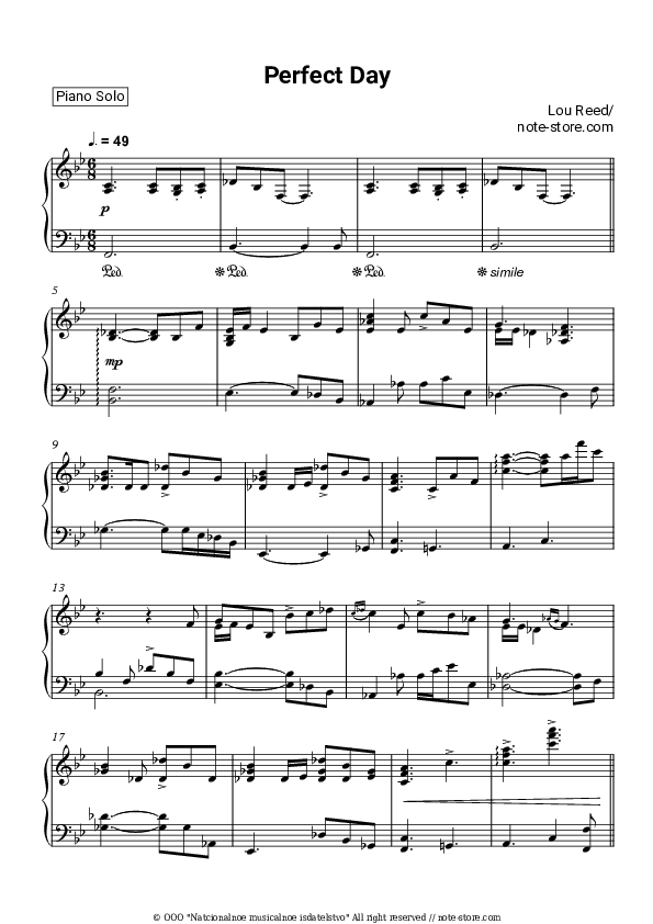 Perfect Day (Piano Accompaniment) - Lou Reed Piano Sheet Music - Piano.Solo