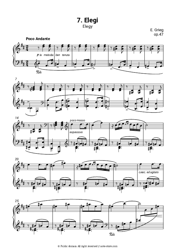 Lyric Pieces, op.47. No. 7 Elegy - Edvard Hagerup Grieg Piano Sheet Music - Piano.Solo