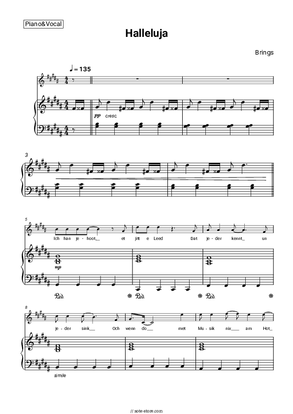 Halleluja - Brings Piano Sheet Music with the Voice part - Piano&Vocal