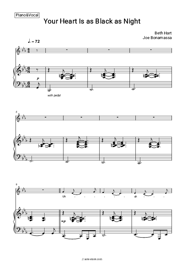 Your Heart Is as Black as Night - Beth Hart, Joe Bonamassa Piano Sheet Music with the Voice part - Piano&Vocal