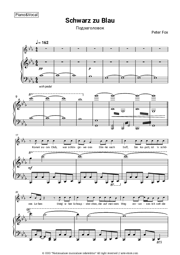 Schwarz zu Blau - Peter Fox Piano Sheet Music with the Voice part - Piano&Vocal