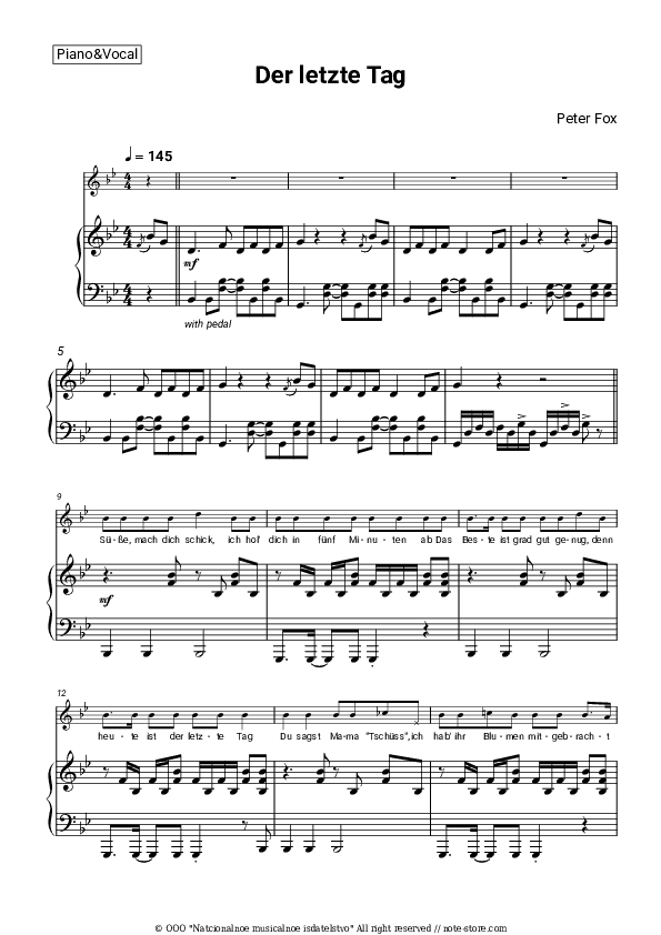 Der letzte Tag - Peter Fox Piano Sheet Music with the Voice part - Piano&Vocal