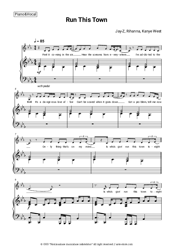 Run This Town - Jay-Z, Rihanna, Kanye West Piano Sheet Music with the Voice part - Piano&Vocal