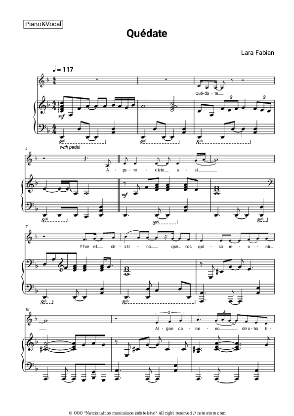 Quédate - Lara Fabian Piano Sheet Music with the Voice part - Piano&Vocal