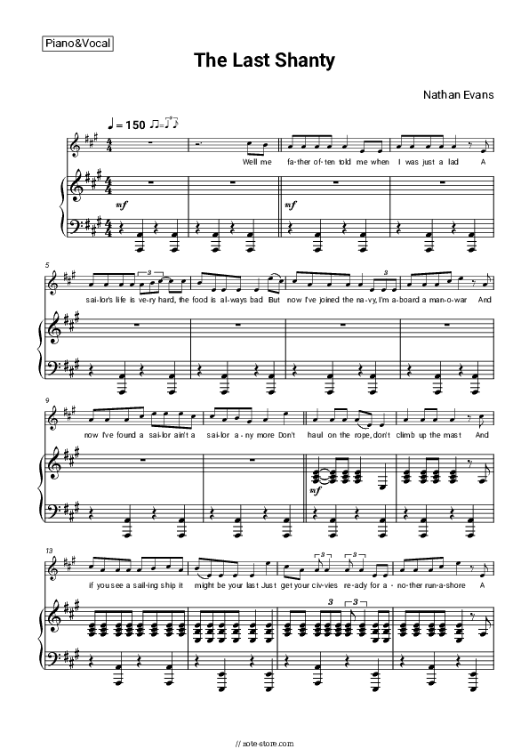 The Last Shanty - Nathan Evans Piano Sheet Music with the Voice part - Piano&Vocal