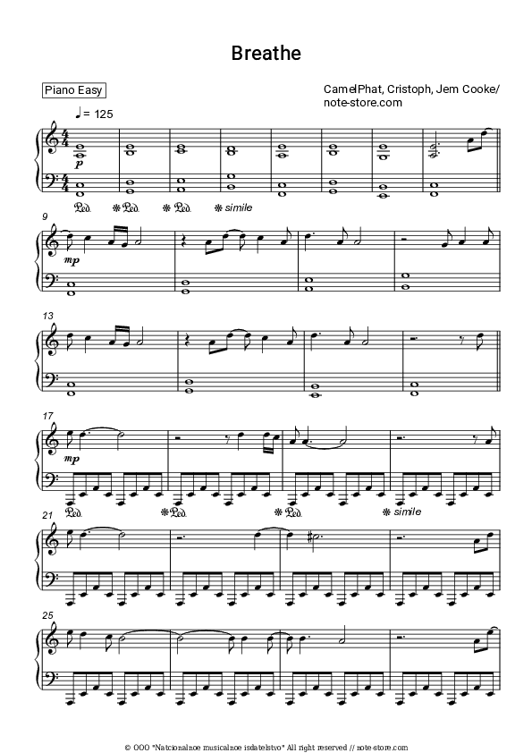 Breathe - CamelPhat, Cristoph, Jem Cooke Piano Sheet Music Easy - Piano.Easy