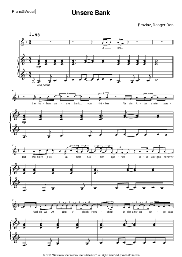 Unsere Bank - Provinz, Danger Dan Piano Sheet Music with the Voice part - Piano&Vocal