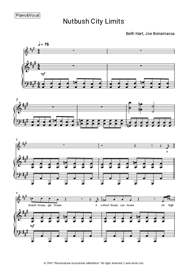 Nutbush City Limits - Beth Hart, Joe Bonamassa Piano Sheet Music with the Voice part - Piano&Vocal