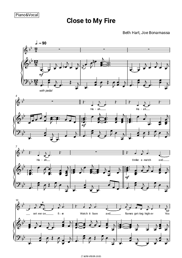 Close to My Fire - Beth Hart, Joe Bonamassa Piano Sheet Music with the Voice part - Piano&Vocal