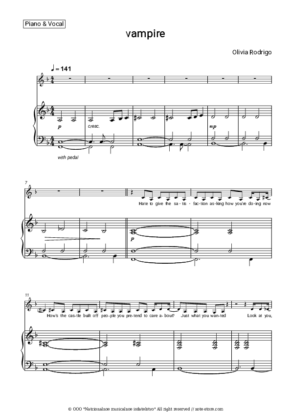 vampire - Olivia Rodrigo Piano Sheet Music with the Voice part - Piano&Vocal