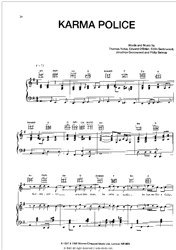 Karma Police - Radiohead Piano Sheet Music with the Voice part - Piano&Vocal