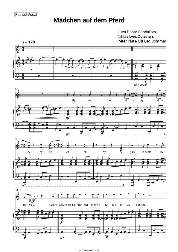 Mädchen auf dem Pferd - Luca-Dante Spadafora, Niklas Dee, Octavian, Peter Plate, Ulf Leo Sommer Piano Sheet Music with the Voice part - Piano&Vocal