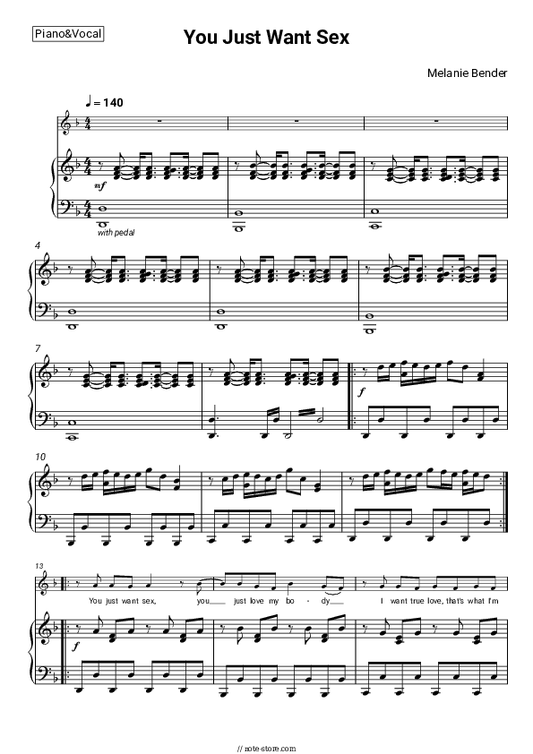 You Just Want Sex - Melanie Bender Piano Sheet Music with the Voice part - Piano&Vocal