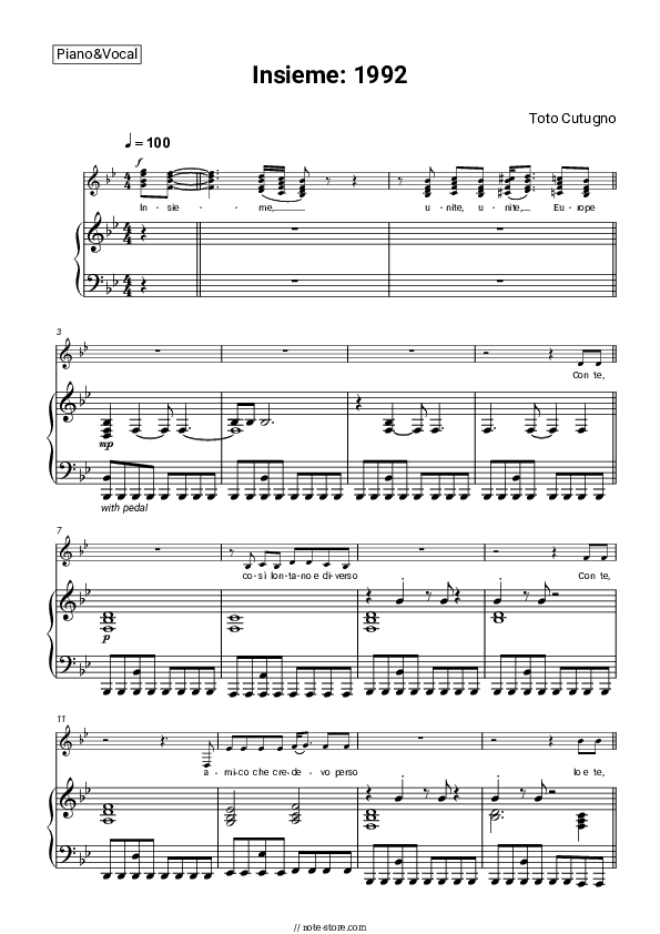 Insieme: 1992 - Toto Cutugno Piano Sheet Music with the Voice part - Piano&Vocal