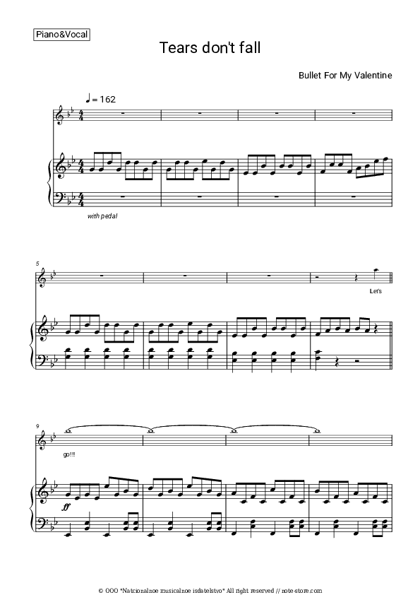 Tears don't fall - Bullet For My Valentine Piano Sheet Music with the Voice part - Piano&Vocal