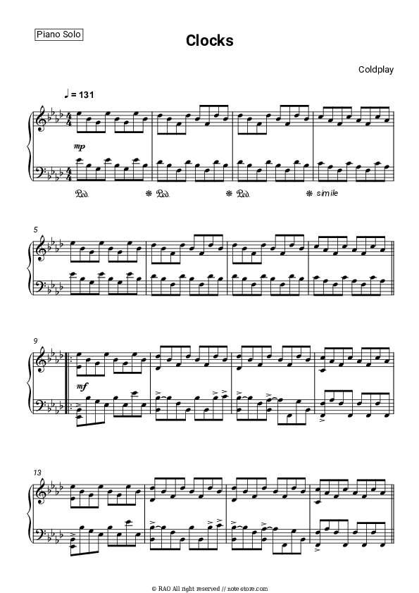 Clocks - Coldplay Piano Sheet Music - Piano.Solo