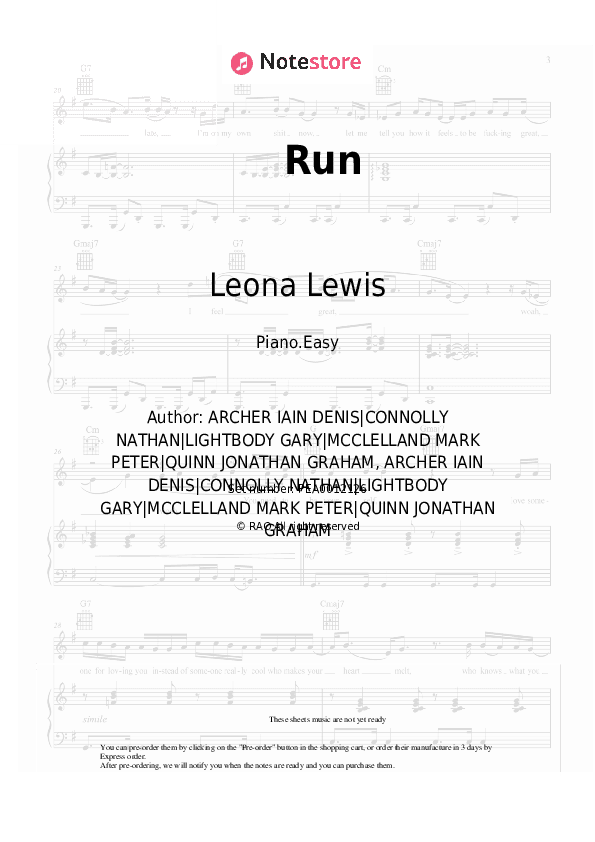 Run - Leona Lewis Piano Sheet Music Easy - Piano.Easy