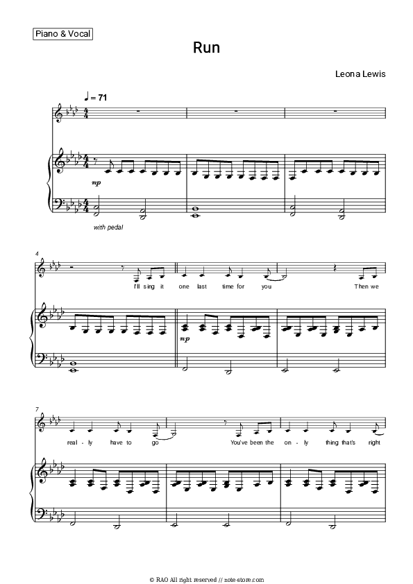 Run - Leona Lewis Piano Sheet Music with the Voice part - Piano&Vocal