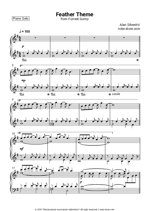 Feather Theme (Forrest Gump) - Alan Silvestri Piano Sheet Music - Piano.Solo