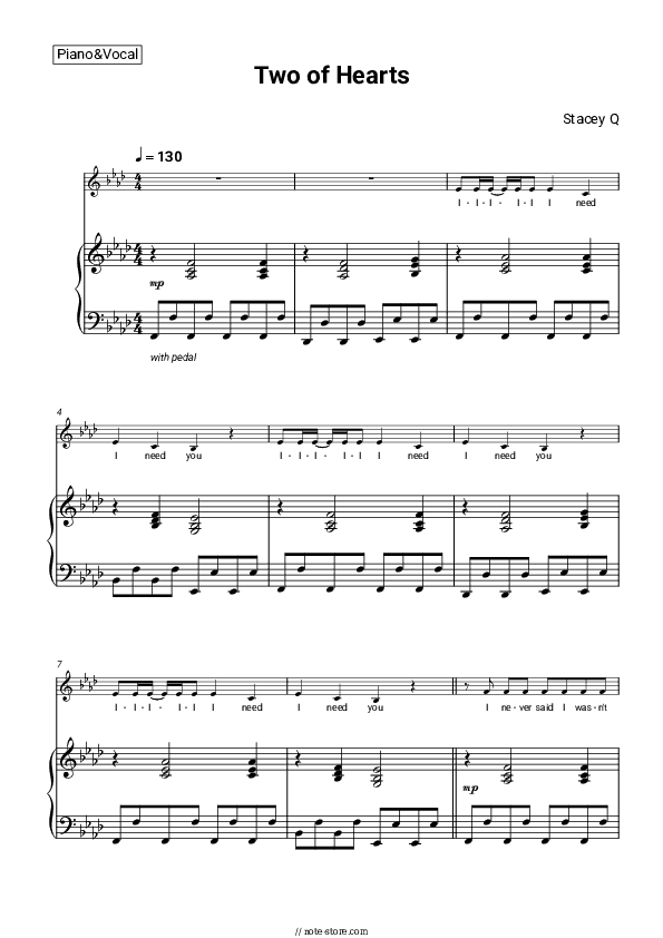 Two of Hearts - Stacey Q Piano Sheet Music with the Voice part - Piano&Vocal