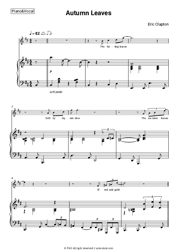 Autumn Leaves - Eric Clapton Piano Sheet Music with the Voice part - Piano&Vocal