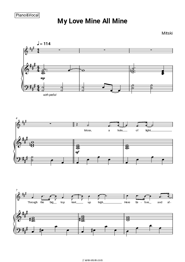 My Love Mine All Mine - Mitski Piano Sheet Music with the Voice part - Piano&Vocal