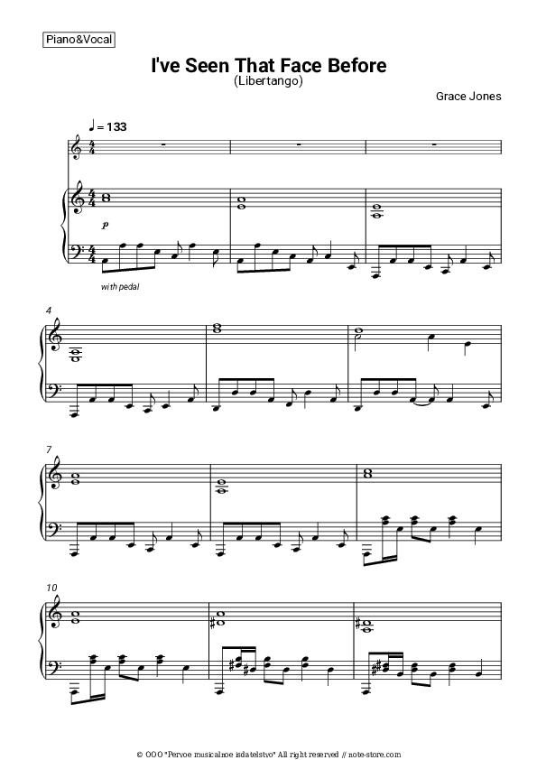 I've Seen That Face Before (Libertango) - Grace Jones Piano Sheet Music with the Voice part - Piano&Vocal