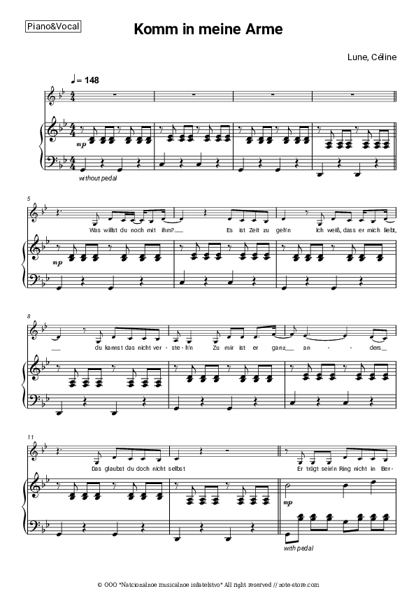 Komm in meine Arme - Lune, Céline Piano Sheet Music with the Voice part - Piano&Vocal