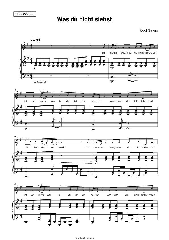 Was du nicht siehst - Kool Savas Piano Sheet Music with the Voice part - Piano&Vocal