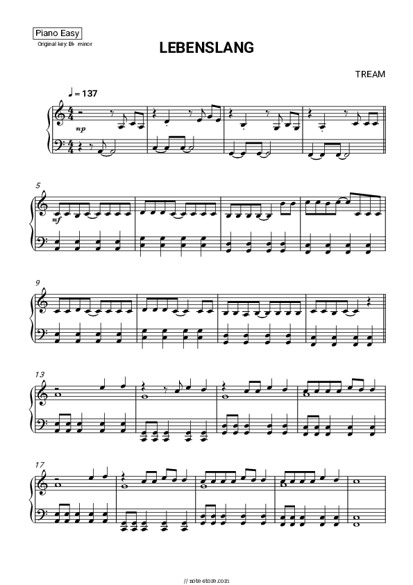LEBENSLANG - Tream, treamiboii Piano Sheet Music Easy - Piano.Easy