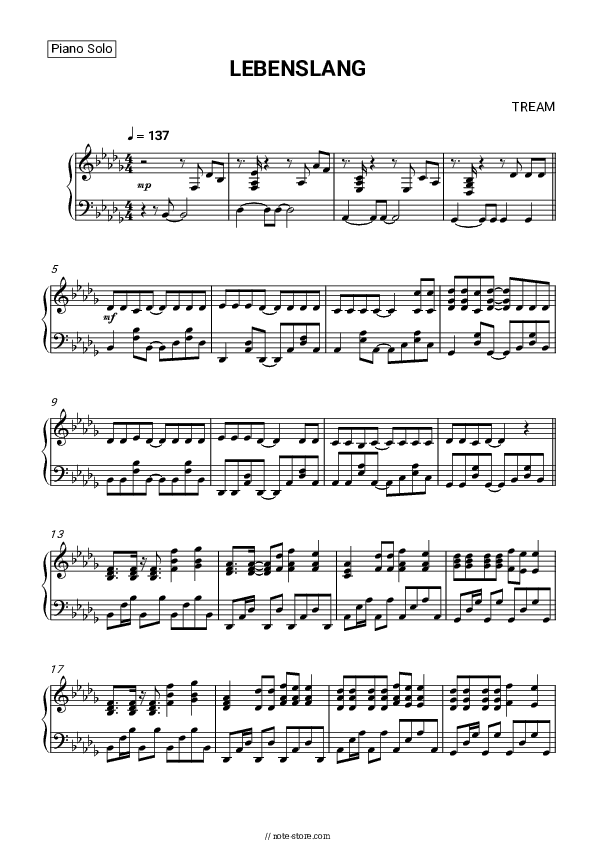 LEBENSLANG - Tream, treamiboii Piano Sheet Music - Piano.Solo