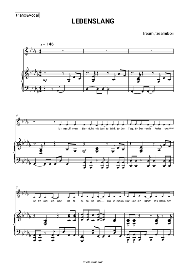 LEBENSLANG - Tream, treamiboii Piano Sheet Music with the Voice part - Piano&Vocal