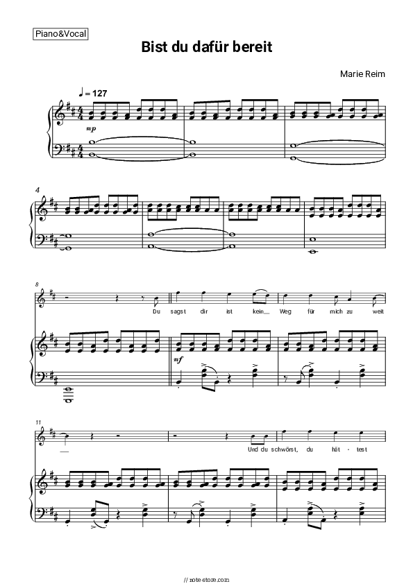 Bist du dafür bereit? - Marie Reim Piano Sheet Music with the Voice part - Piano&Vocal