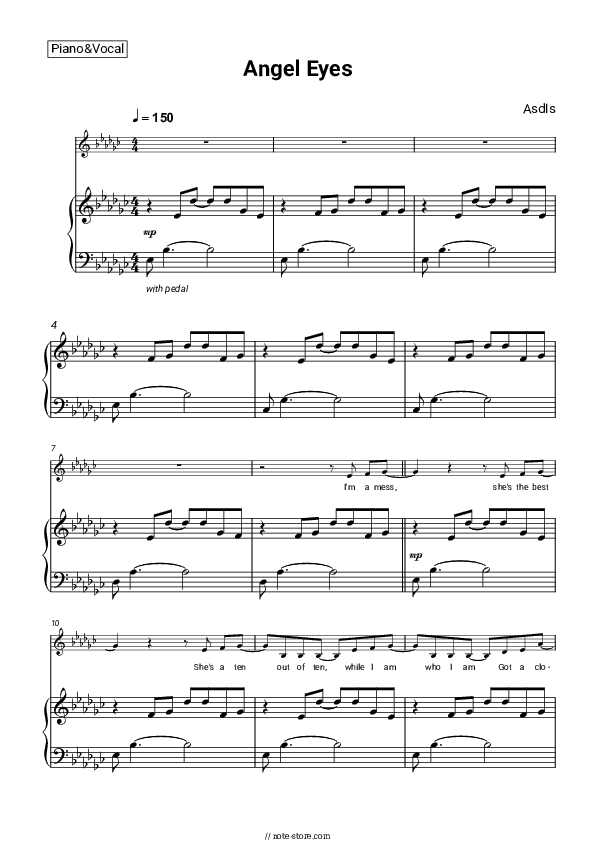 Angel Eyes - ASDÍS Piano Sheet Music with the Voice part - Piano&Vocal