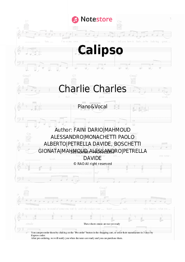 Calipso - Charlie Charles, Sfera Ebbasta, Mahmood, Fabri Fibra Piano Sheet Music with the Voice part - Piano&Vocal