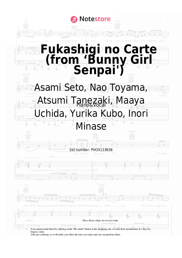 Fukashigi no Carte (from ‘Bunny Girl Senpai') - Asami Seto, Nao Toyama, Atsumi Tanezaki, Maaya Uchida, Yurika Kubo, Inori Minase Piano Sheet Music with the Voice part - Piano&Vocal