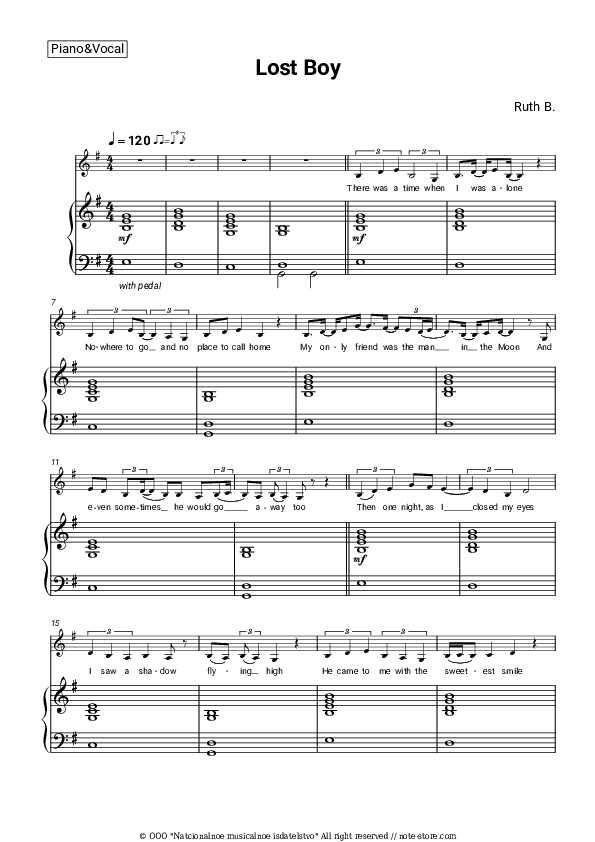 Lost Boy - Ruth B. Piano Sheet Music with the Voice part - Piano&Vocal