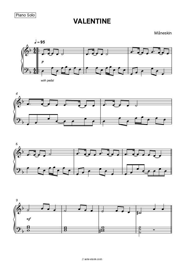 VALENTINE - MÄneskin Piano Sheet Music - Piano.Solo
