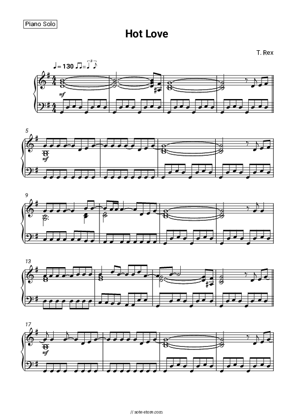Hot Love - T. Rex Piano Sheet Music - Piano.Solo