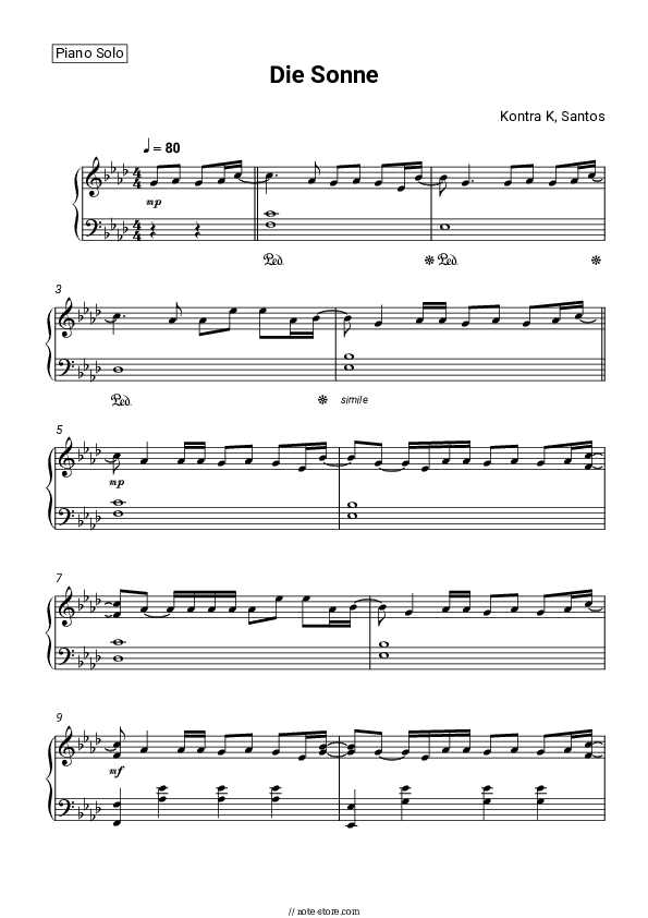 Die Sonne - Kontra K, Santos Piano Sheet Music - Piano.Solo
